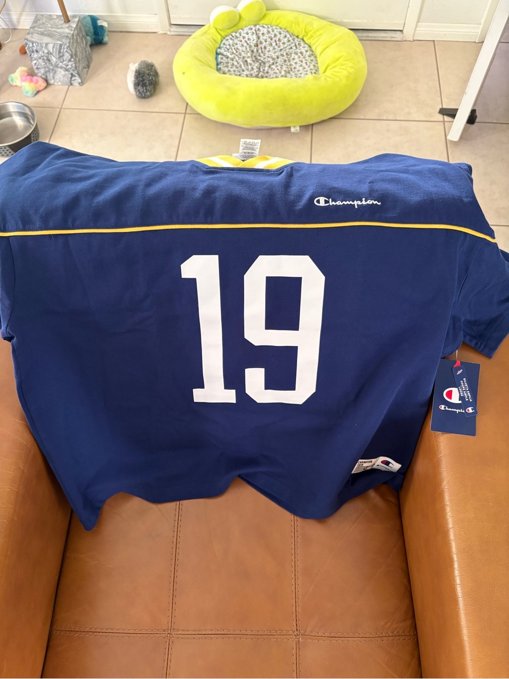 Champion Men’s Navy Blue Athletic Jersey with White Number 19 and Yellow Piping